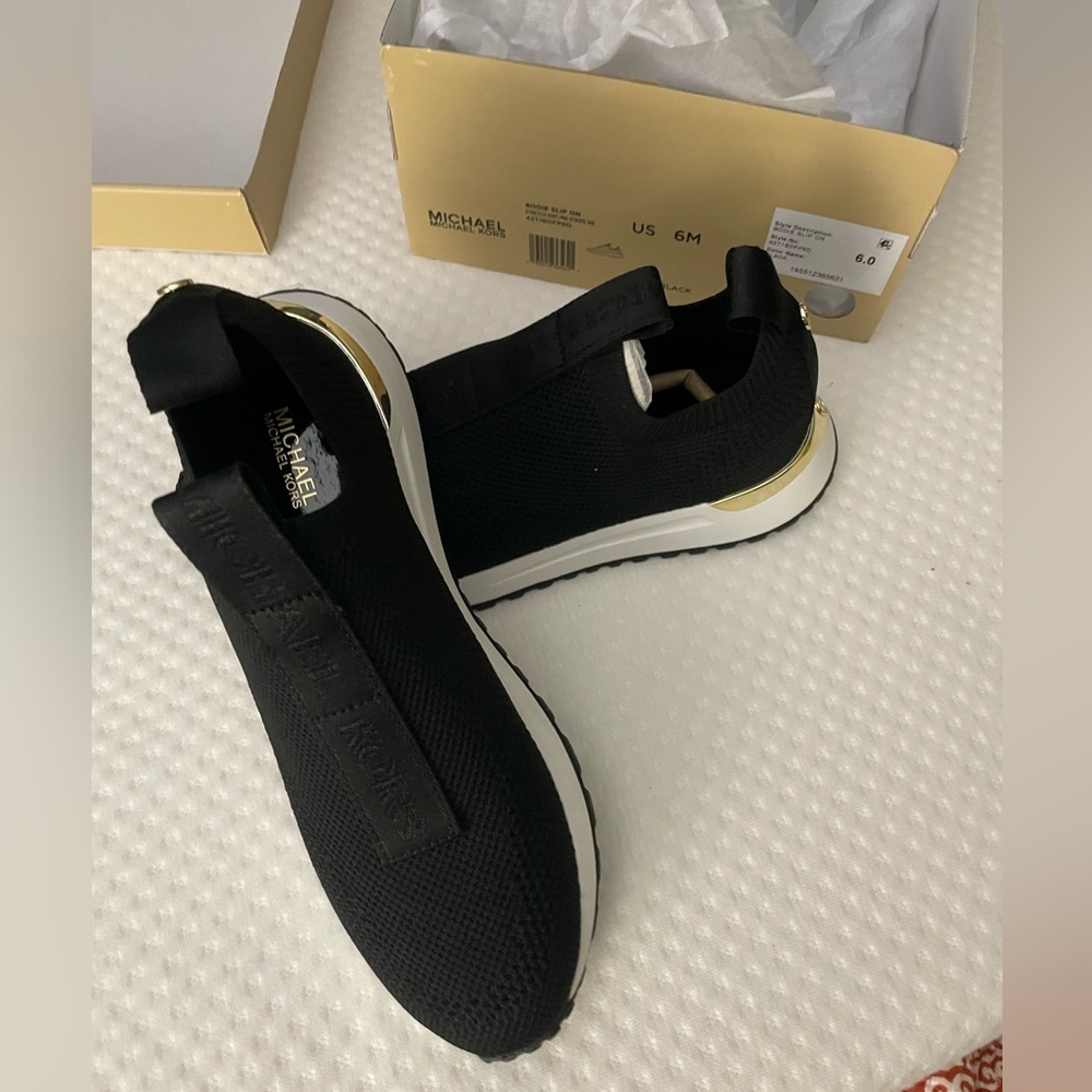 New - Michael Kors Black Knit Slip-On Sneakers with Gold Heel Accent
